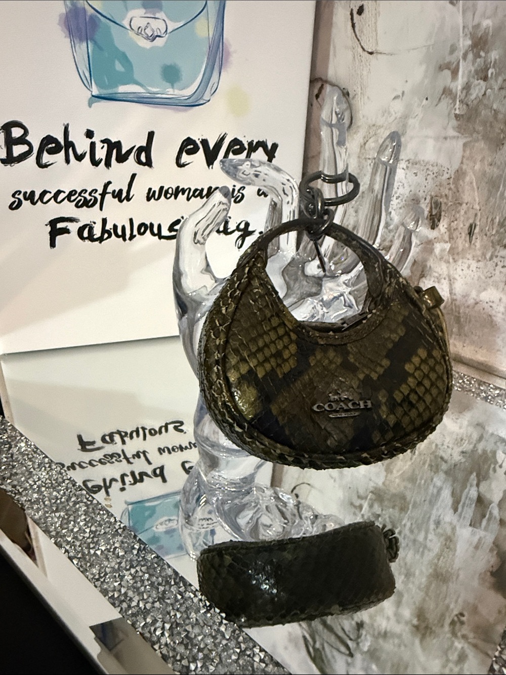 COACH Olive Green Python-Texture Mini Hobo Bag with Braided Trim and Logo Plaque